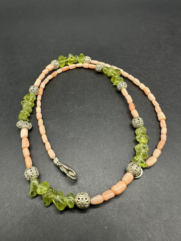 Vintage Peridot Chip Angel Skin Coral Bead Necklace 18”