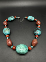 925 Sterling Silver Chunky Turquoise and Apple Coral Bead Necklace 20”