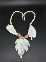 Mother of Pearl Angel Skin Coral Carved Leaves Bead Necklace 24” Long