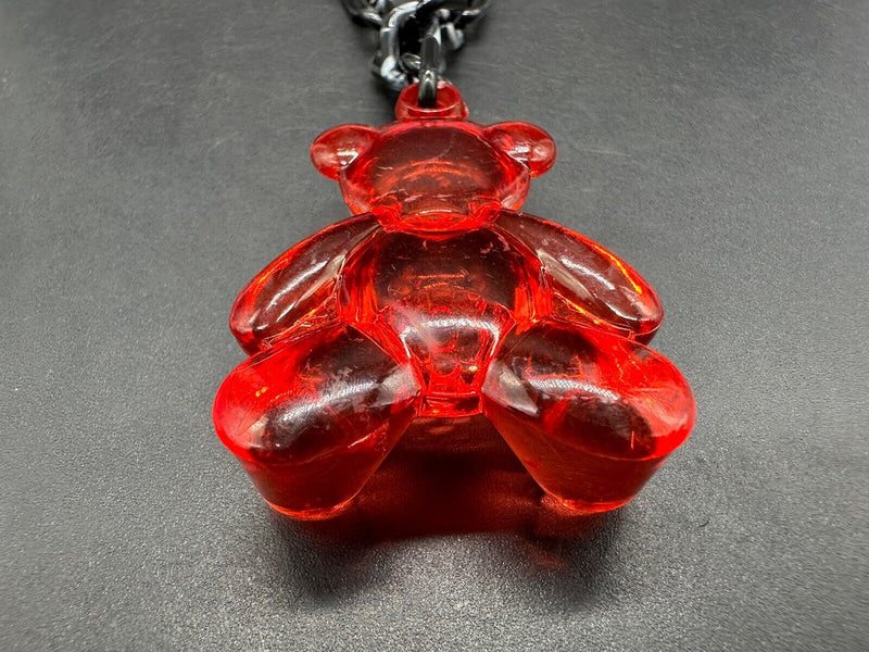 Acrylic Cable Link Chain Red Crystal Bear Pendant Necklace 17” Long Black