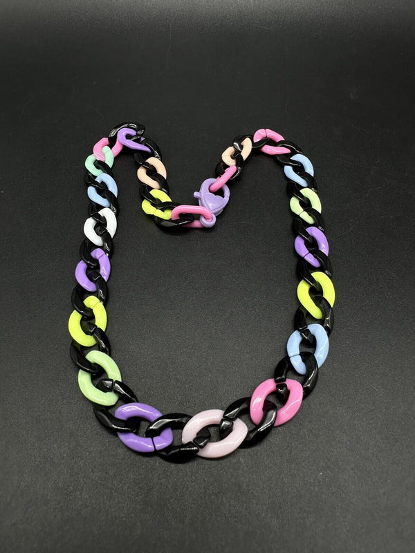 Colorful Acrylic Resin Plastic Curb Statement Link Necklace Multi Color 18”