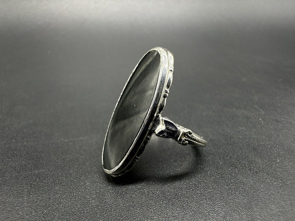 Vintage Sterling Silver Long Oval Black Onyx Ring Size 7.5