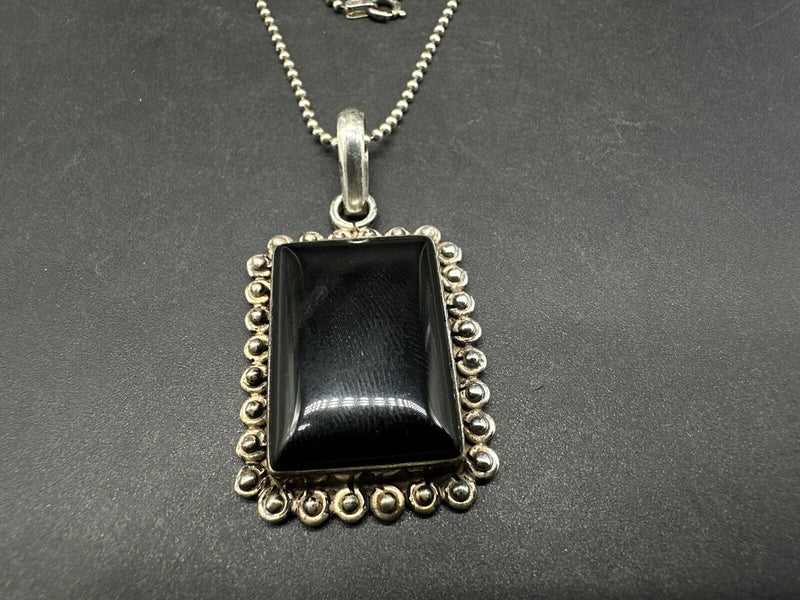 Vintage Sterling Silver Marked Mexico Onyx Pendant Necklace 24”