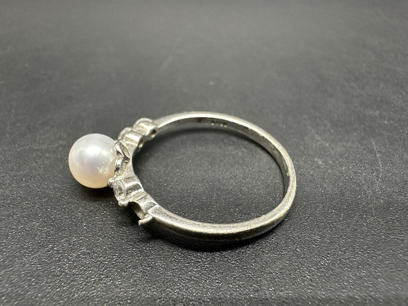 Sterling Silver Pearl Ring Clear Stone (1 Missing) Size 8