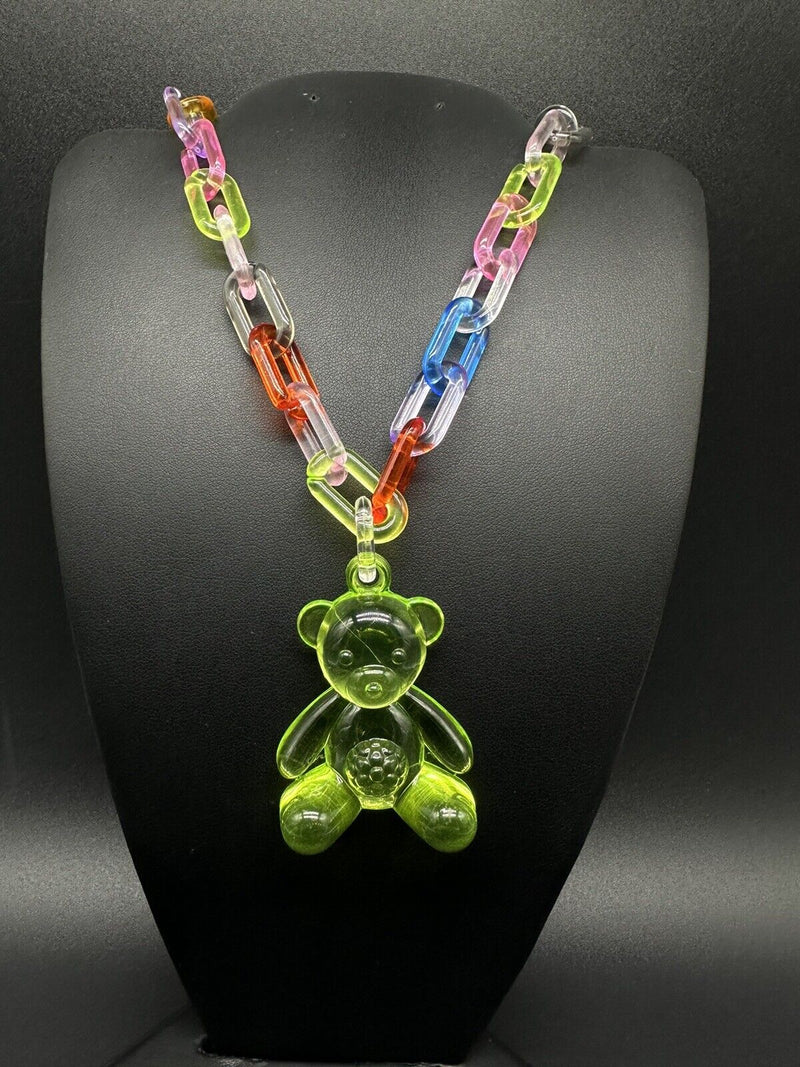 Acrylic Cable Link Chain Crystal Lime Green Bear Pendant Necklace 18” Long