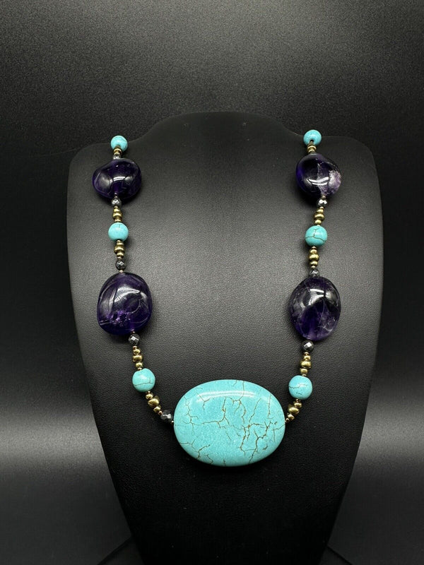 925 Amethyst and Turquoise Gemstone Necklace 36”