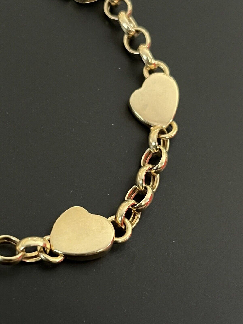 14K Yellow Gold Rolo Link Chain Heart Pendant Bracelet 9.3g