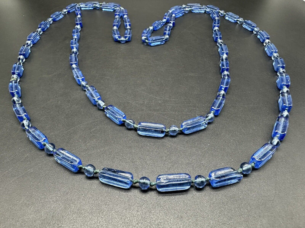 Vintage BLUE Czech GLASS Knotted BEAD Necklace 56”
