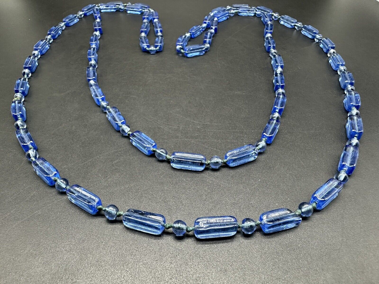 Vintage BLUE Czech GLASS Knotted BEAD Necklace 56”