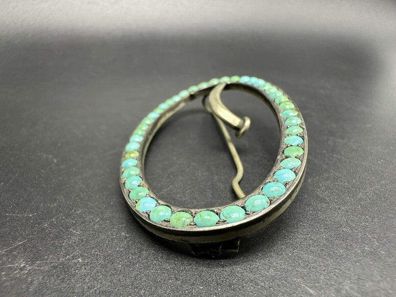 Vintage Ethnic Silver Tone Turquoise Oval Brooch