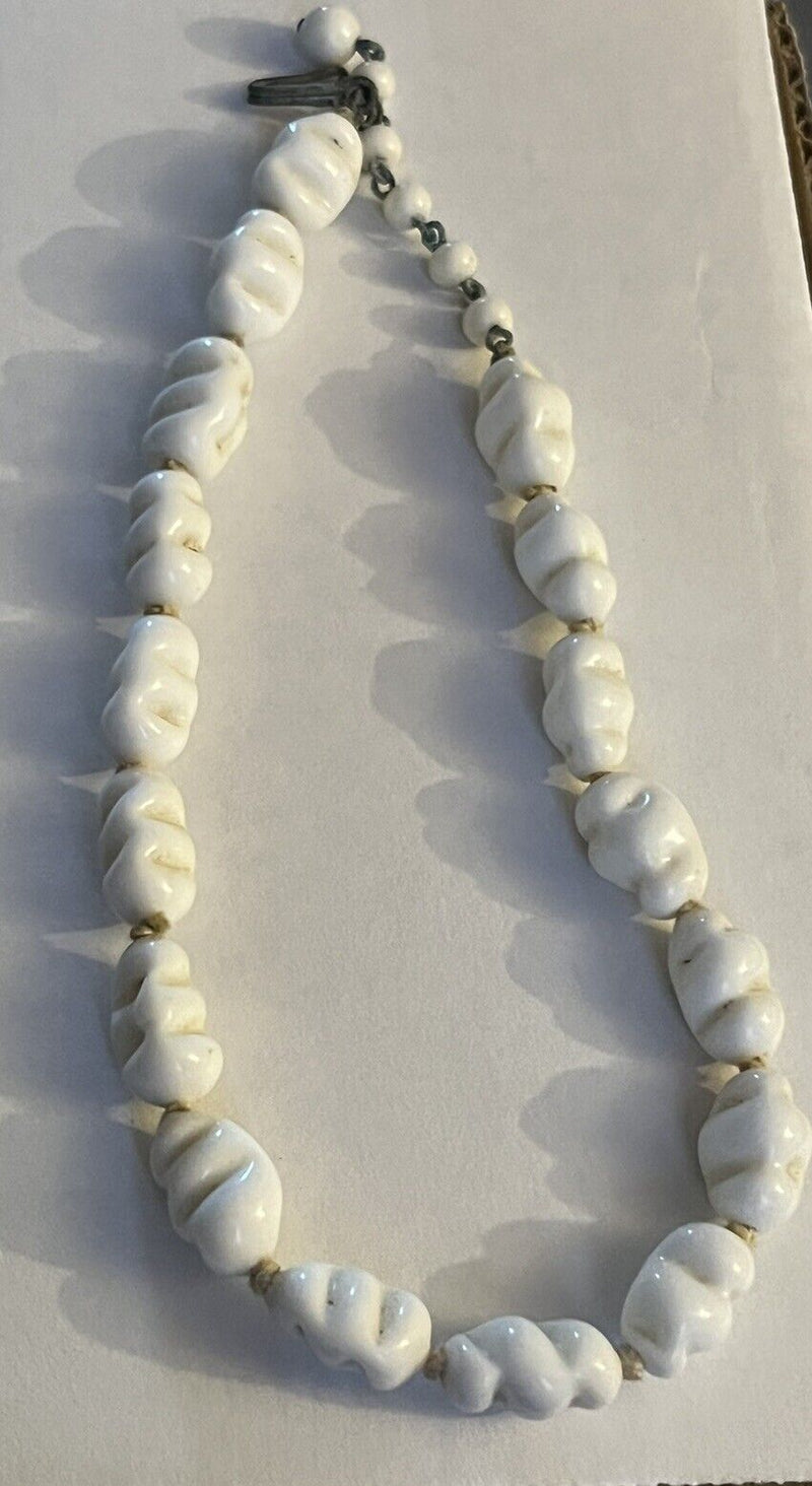 Vintage Miriam Haskell? White Milk Glass Necklace Twisted Glass Hand Knotted 15”