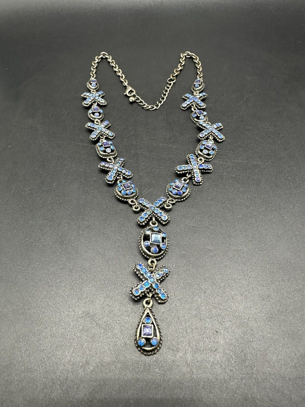 Vintage Statement BLUE RHINESTONE Y DROP NECKLACE 18