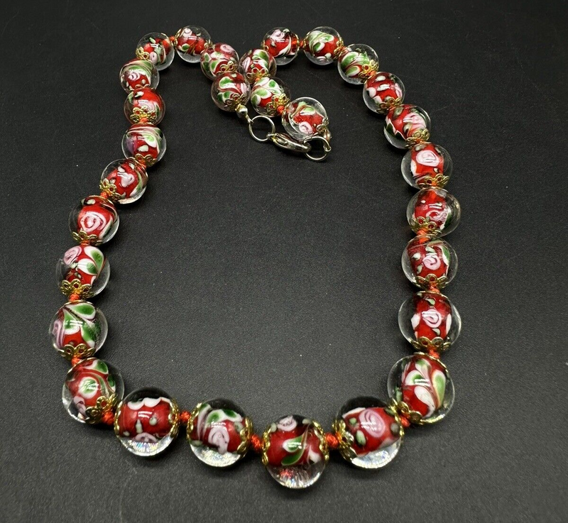 Vintage Murano Art Glass Knotted Bead Necklace 18” Long 12mm