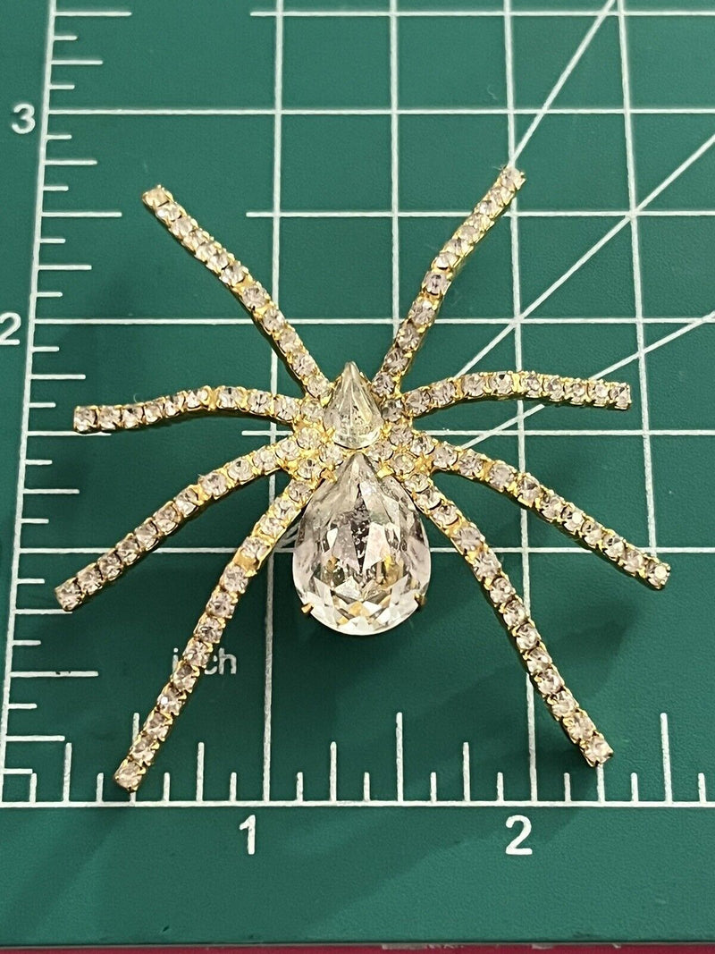 Clear Crystal Rhinestone Gold Tone  LARGE SPIDER Pin Brooch 2.5”