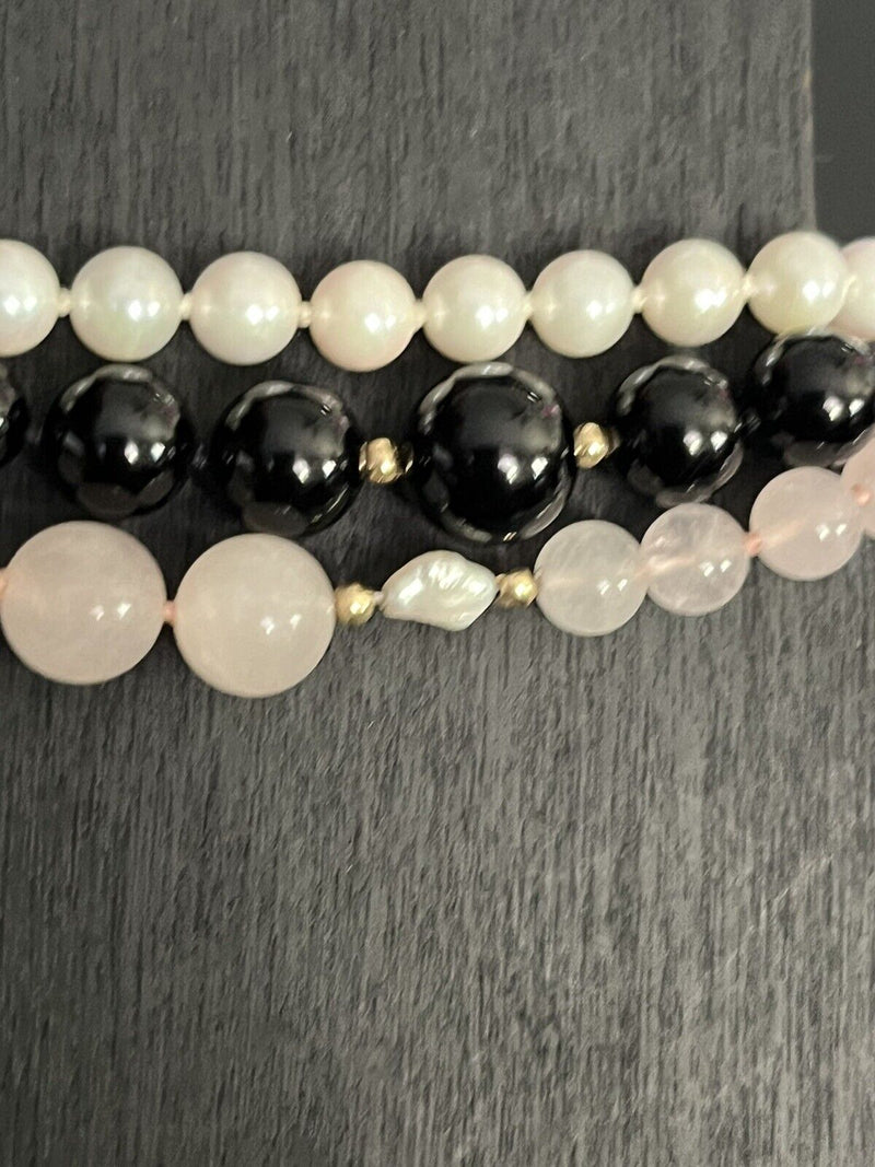 14k Gemstone Jewelry Pearls Rose Quartz Tourmaline Stone Bracelet Pendant Lot 7”