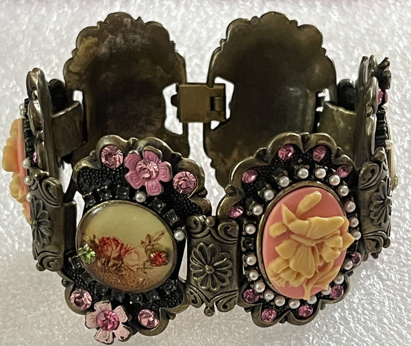 Antique Victorian Porcelain Rhinestone Floral Link Panel Bracelet 7.5”~Highend~