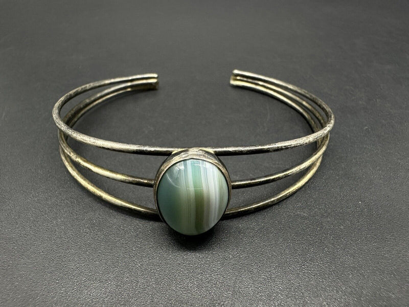 VINTAGE Sterling Silver / Green Agate Stone Ladies Cuff Bracelet 13Gs 7”