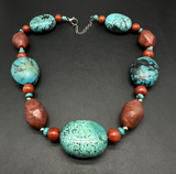 925 Sterling Silver Chunky Turquoise and Apple Coral Bead Necklace 20”