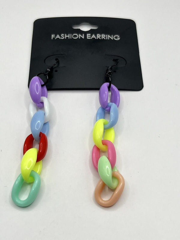 Fun Acrylic Bright Crazy Mix Link Chain Dangle Earrings 3.5”