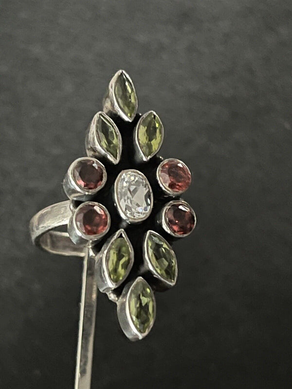 Sterling Silver Garnet Peridot Gemstone Statement Ring SZ 5.5