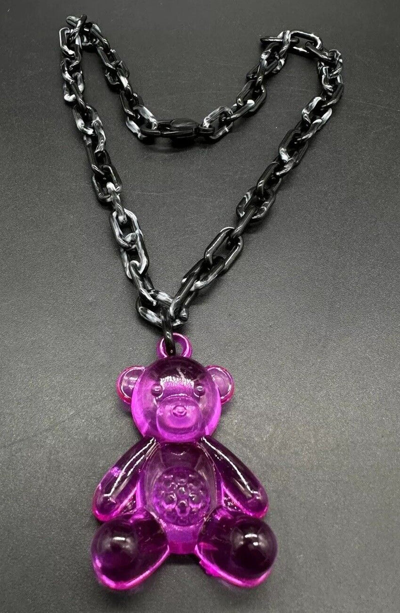 Acrylic Cable Link Chain Fuchsia Pink Bear Pendant Necklace   18” Long Black