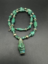 Vintage Carved Malachite Aztec? Sterling Silver Gemstone Bead Necklace 59g 20”