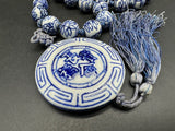 Chinese Shou Bead Vintage Necklace Handpainted Knotted Blue White 28”