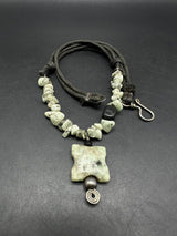 Leather  Polished Carved Stone Necklace 18”