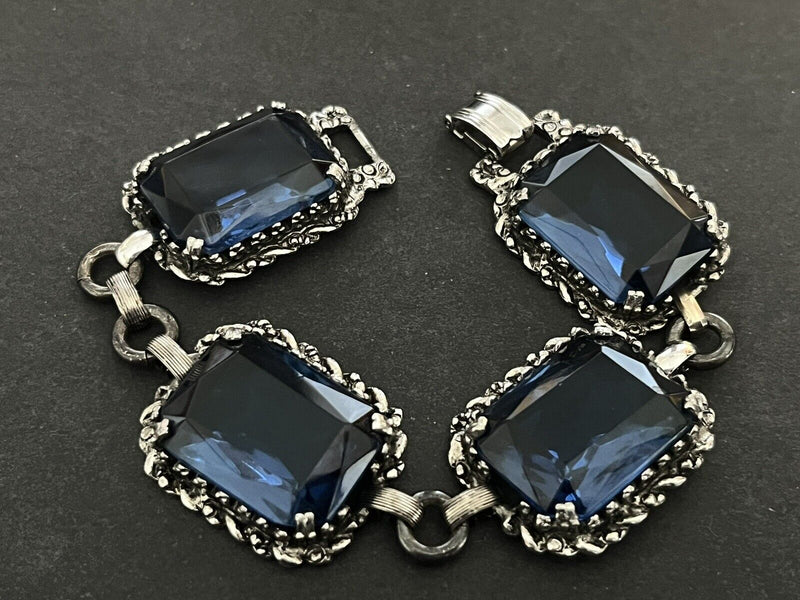 Vintage Blue Glass Stone Link  Panels Rectangle Bracelet 7.5”