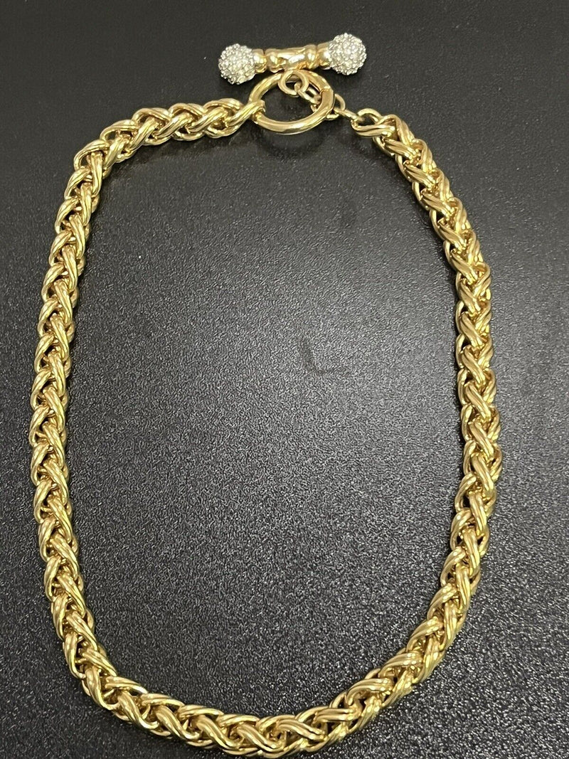 Gold-Tone Wheat Link Chain Choker Necklace 7mm Rhinestone Clasp 16”