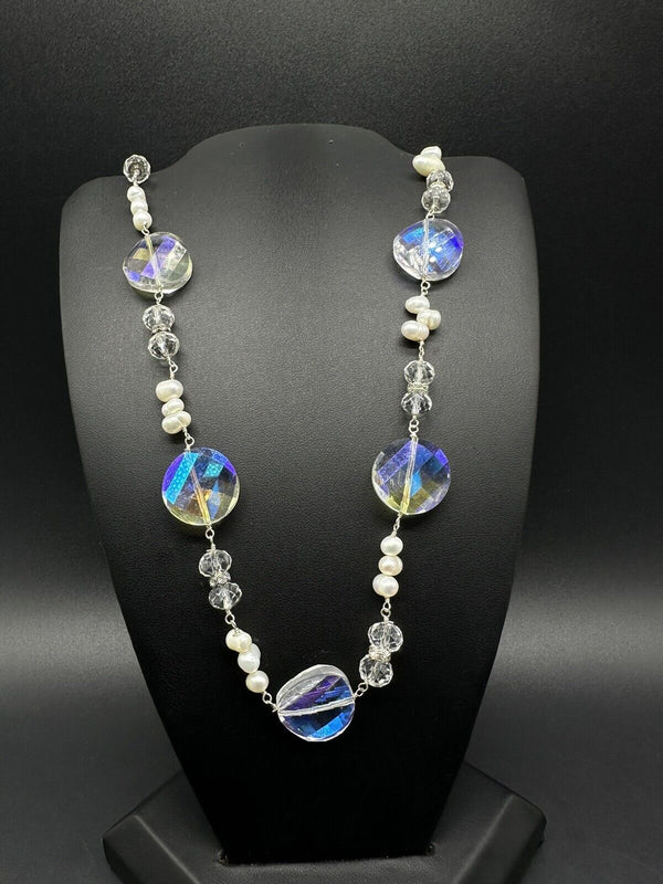 Sterling Silver Faceted Aurora Borealis Crystal Glass Pearl Necklace 36”