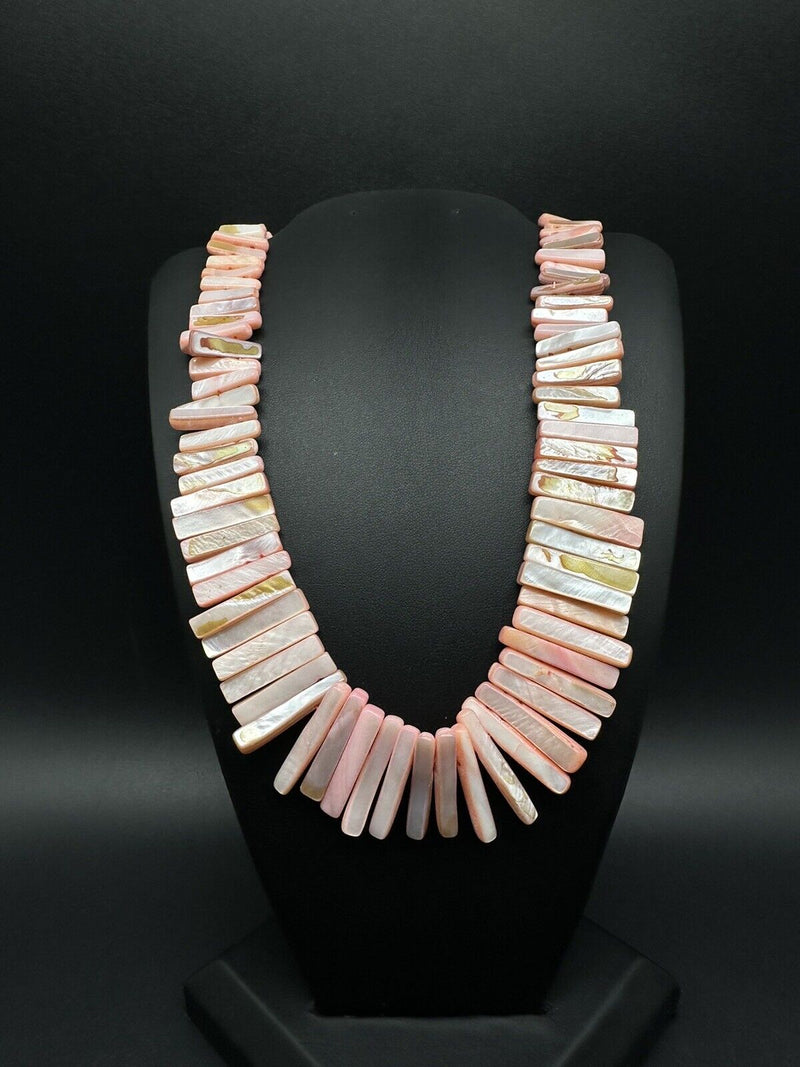 Vintage statement necklace pink mother of pearl rectangle bar drop bib 20”