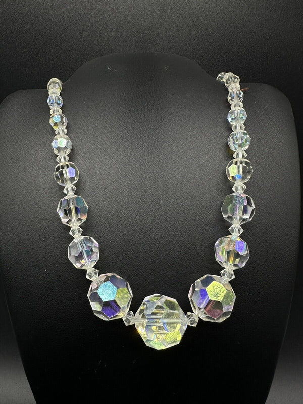 Vintage Aurora Borealis Crystal Necklace Clear Glass Checkerboard Cut Choker 16”