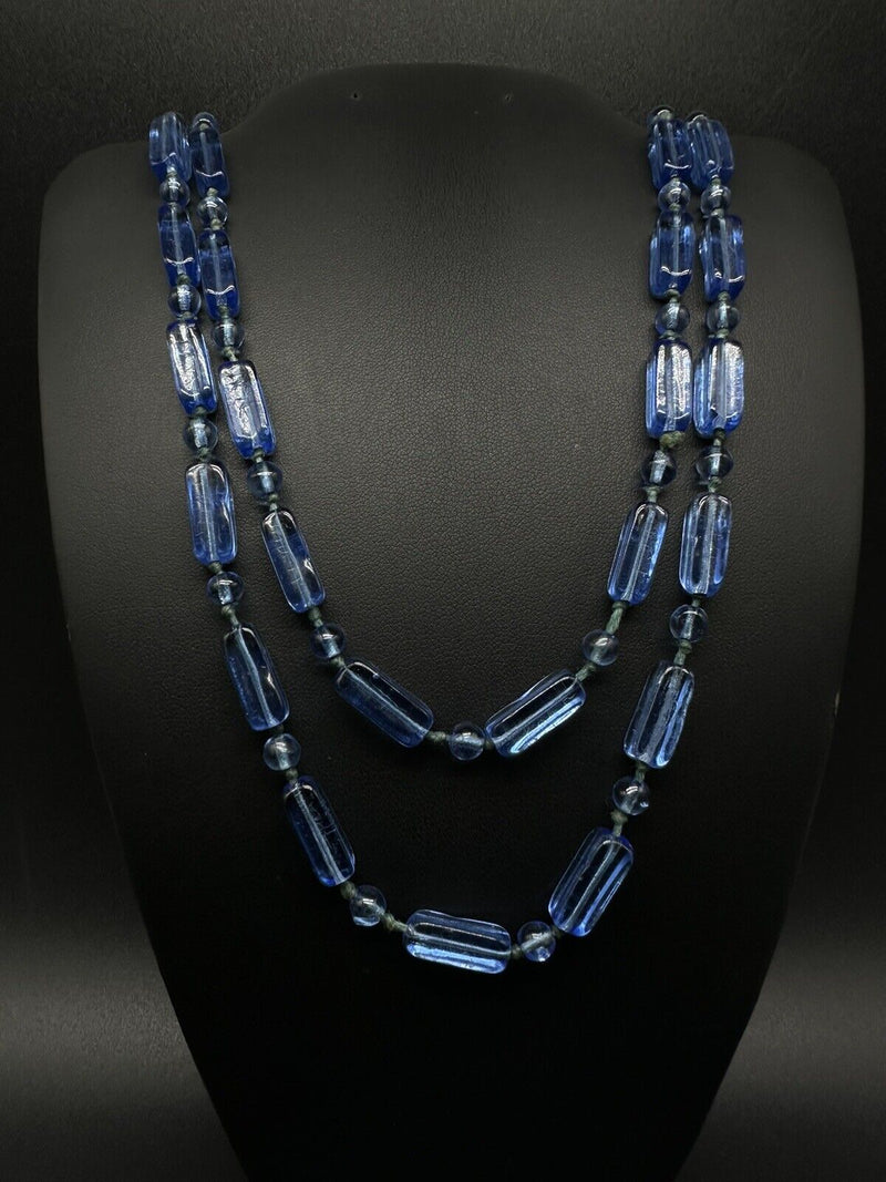 Vintage BLUE Czech GLASS Knotted BEAD Necklace 56”