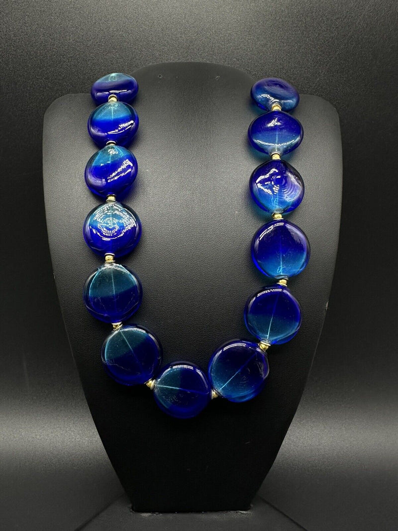 VTG Blue Czech Art glass Stone Statement Necklace 18”