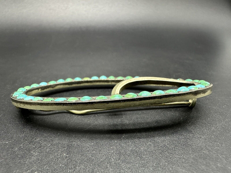 Vintage Ethnic Silver Tone Turquoise Oval Brooch