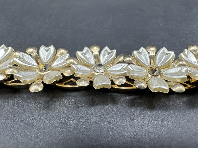 Vintage Thermoplastic  Gold Tone Bracelet White Flower with Crystals 7”