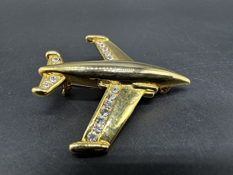 Kirks Folly Airplane Brooch Gold Tone Rhinestone