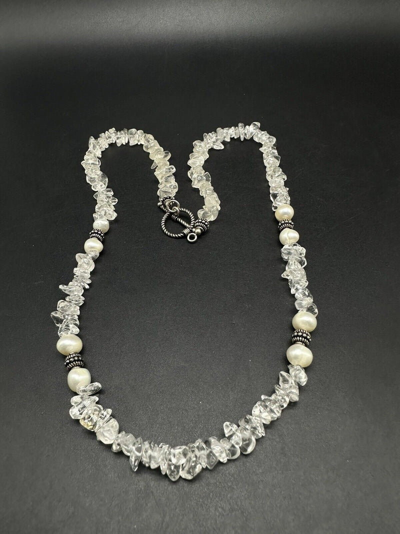 Clear Crystal Quartz Nugget Chip Pearl Necklace 22”