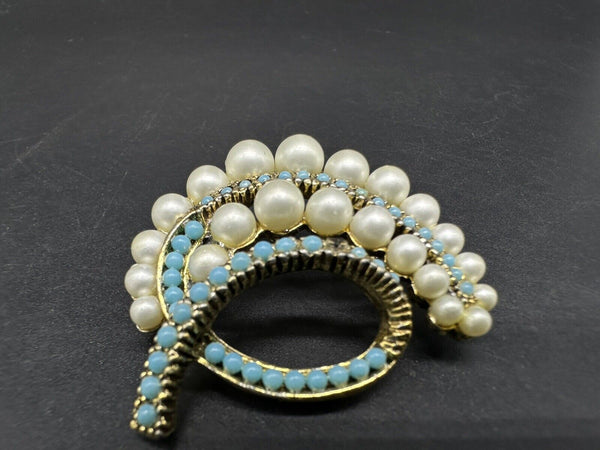 Vintage Gold Tone Faux Pearl and Turquoise Brooch Pin