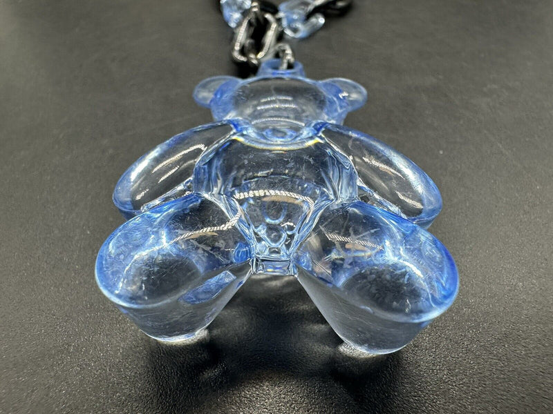 Acrylic Cable Link Chain Crystal Bear Pendant Necklace 17” Long Black & Blue