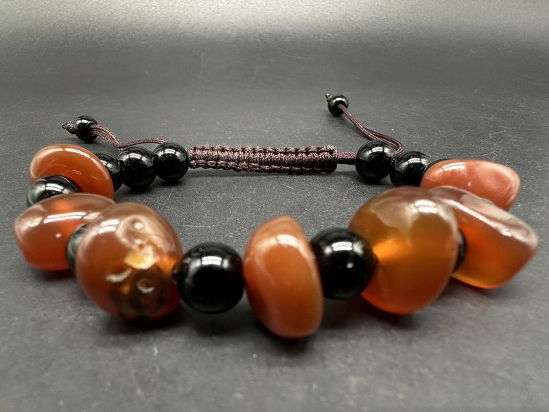 Woven Natural Old Carnelian And Onyx Stone Beads Wearable Bracelet 6-8"