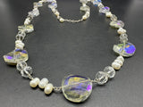 Sterling Silver Faceted Aurora Borealis Crystal Glass Pearl Necklace 36”