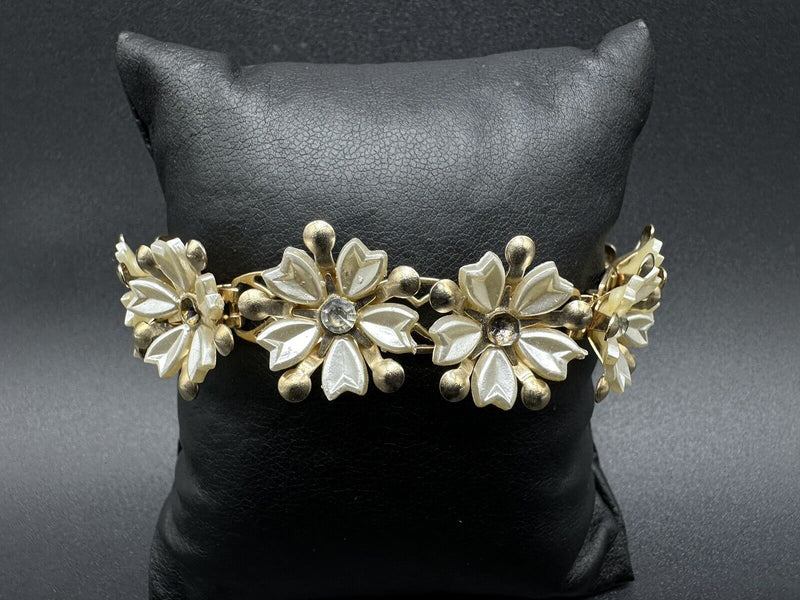 Vintage Thermoplastic  Gold Tone Bracelet White Flower with Crystals 7”