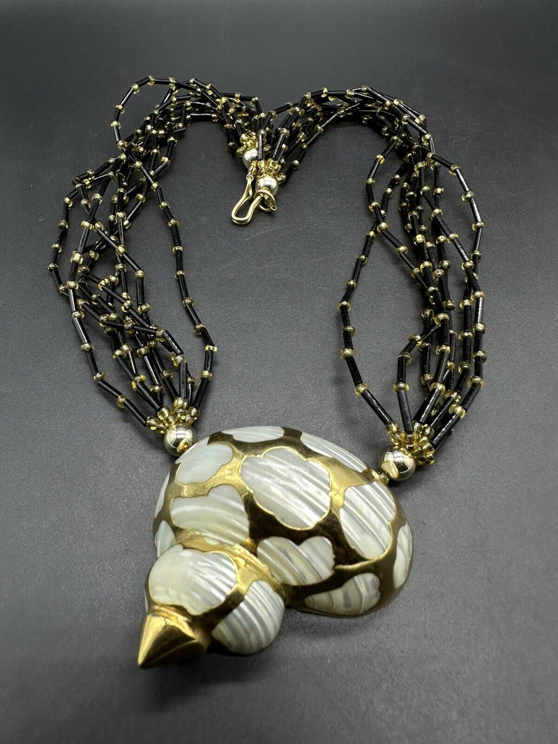 Mother Of Pearl Art Deco Shell Sea Pendant Necklace 20”