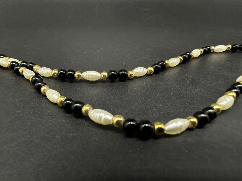 Fabulous Vintage Gold Tone Fresh Water Pearls & Black Onyx Necklace 12