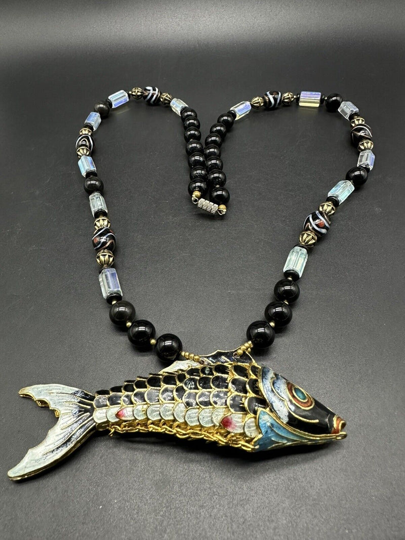 Unique Cloisonné  Enamel Fish Stone Necklace Artisan 18”