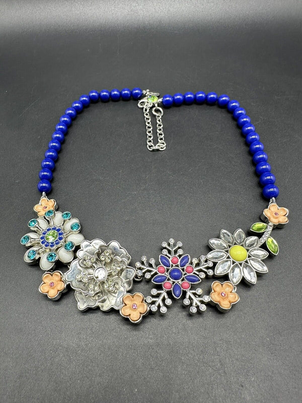 LIA SOPHIA SILVER-TONE BLUE BEAD NECKLACE FLOWER ACRYLIC RHINESTONE PENDANT