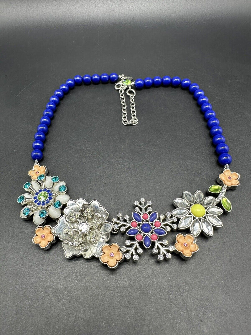 LIA SOPHIA SILVER-TONE BLUE BEAD NECKLACE FLOWER ACRYLIC RHINESTONE PENDANT