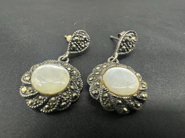 Vintage Sterling Silver Mother of Pearl Marcasite Dangle Earrings